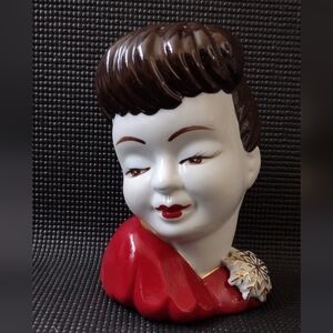 Vintage Lady Head Vase with Red Dress